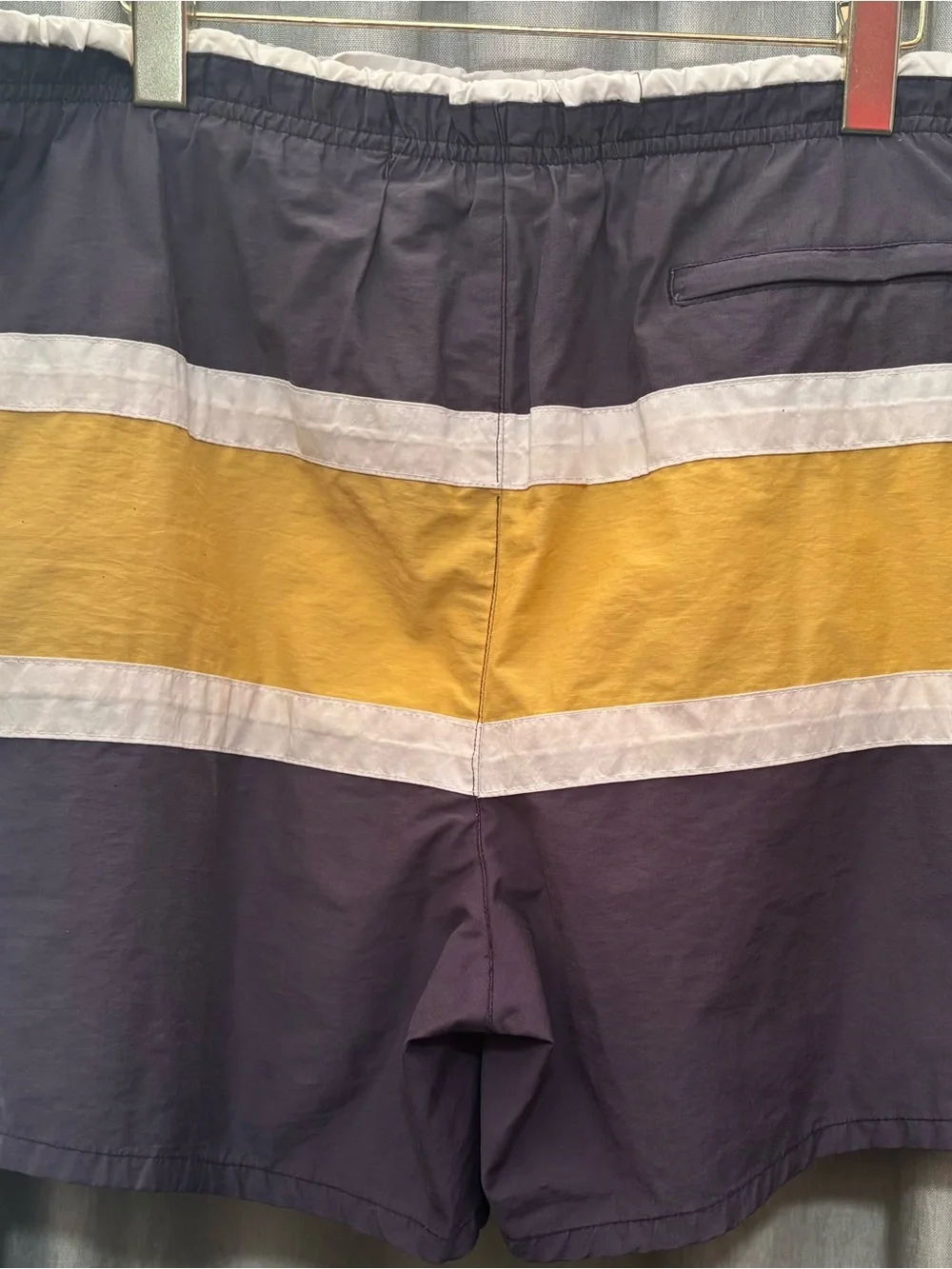 Vintage Rainforest Color Block Swim Trunks Mens Medium Navy Yellow Nylon Mesh Li